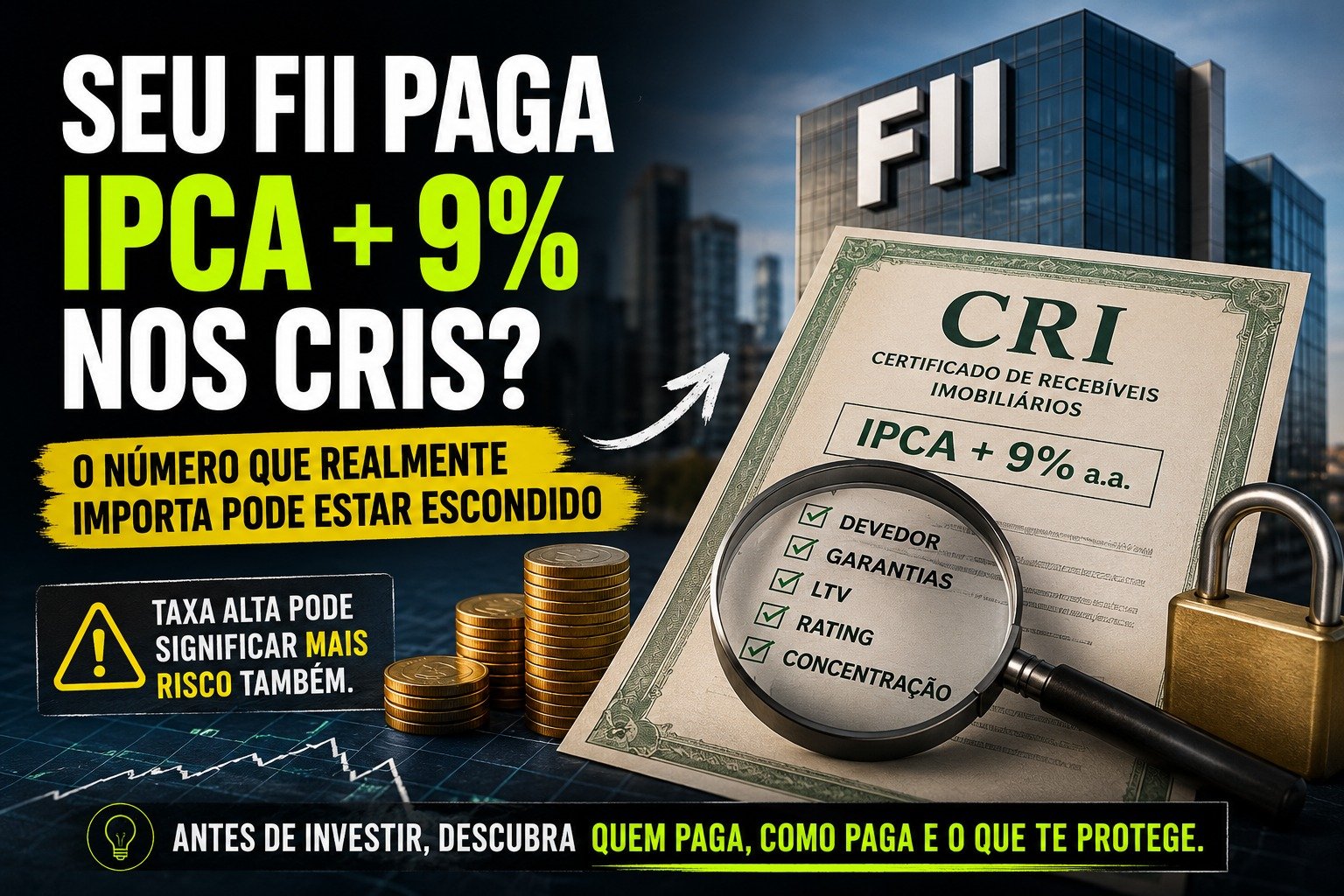FII de papel, CRIs, taxa IPCA mais juros, risco, garantias, LTV, rating e concentração