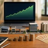 Planejamento de renda mensal com fundos imobiliários, imóveis, moedas e gráfico crescente