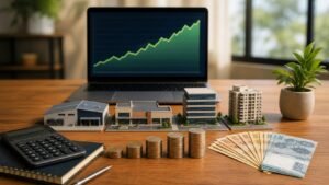 Planejamento de renda mensal com fundos imobiliários, imóveis, moedas e gráfico crescente