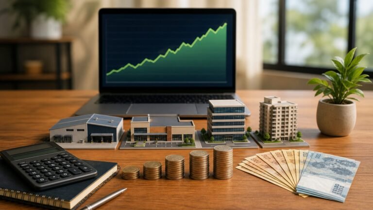 Planejamento de renda mensal com fundos imobiliários, imóveis, moedas e gráfico crescente