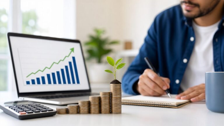 Pessoa planejando investimentos diante de gráfico crescente e pilhas de moedas
