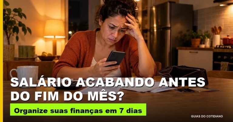 Mulher preocupada olhando o celular com contas e boletos espalhados na mesa da cozinha